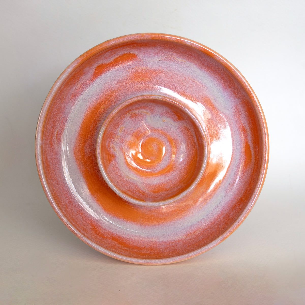 Brown - Handpainted Ceramic Chip-n-Dip Platter with 2 Fixed Dip Bowls
