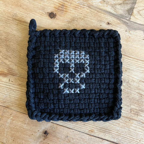 Skull Black + Gray Cross Stitch Potholder