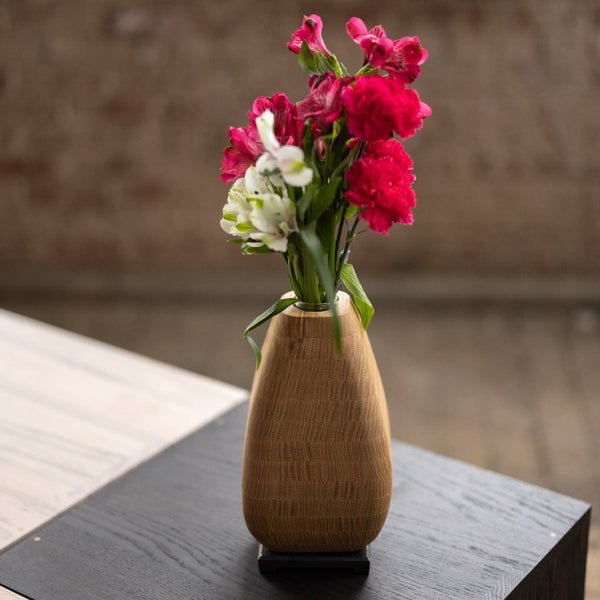 White Oak Wooden Vase with Bronze Base