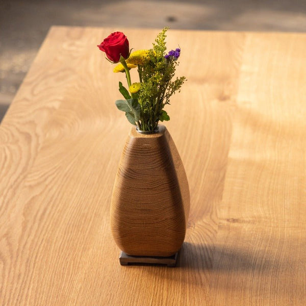 White Oak Wooden Vase with Bronze Base