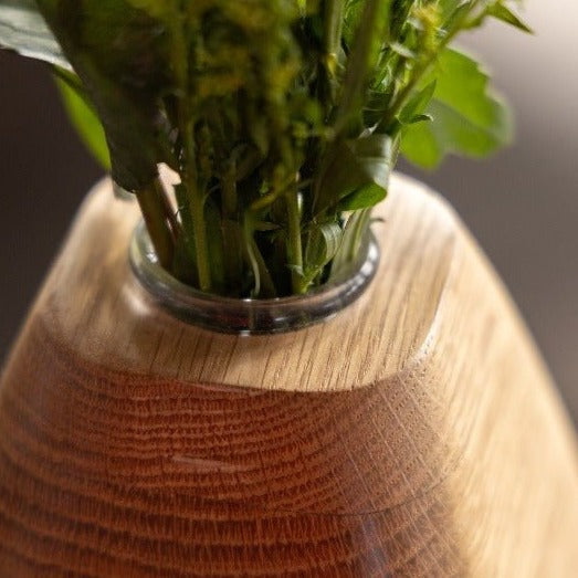 White Oak Wooden Vase with Bronze Base