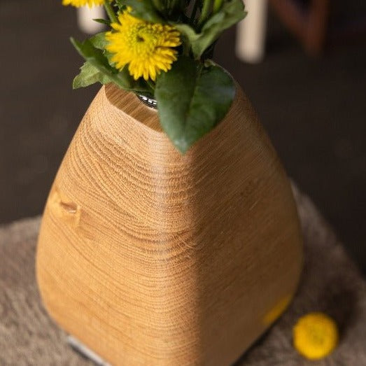 White Oak Wooden Vase with Bronze Base