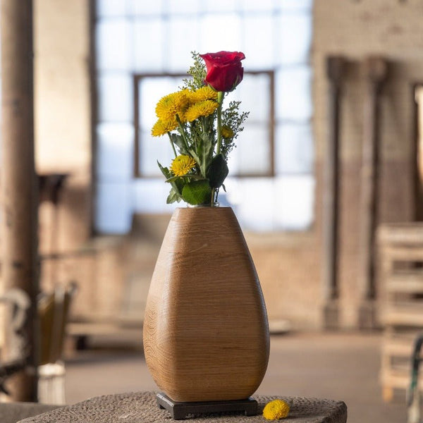 White Oak Wooden Vase with Bronze Base