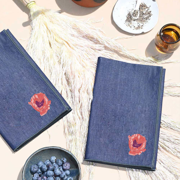 Hibiscus Denim Linen Napkins, Set of 4