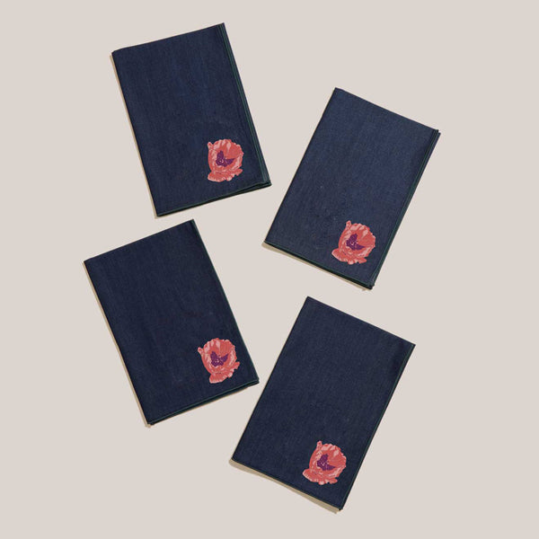 Hibiscus Denim Linen Napkins, Set of 4