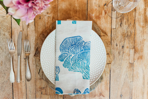 Mushrooms in Indigo Skies Linen Napkins, Set of 4