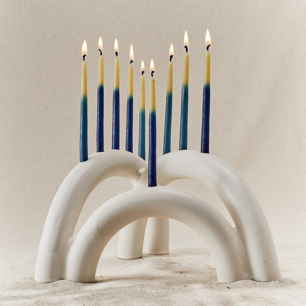 Shana Menorah with lit candles