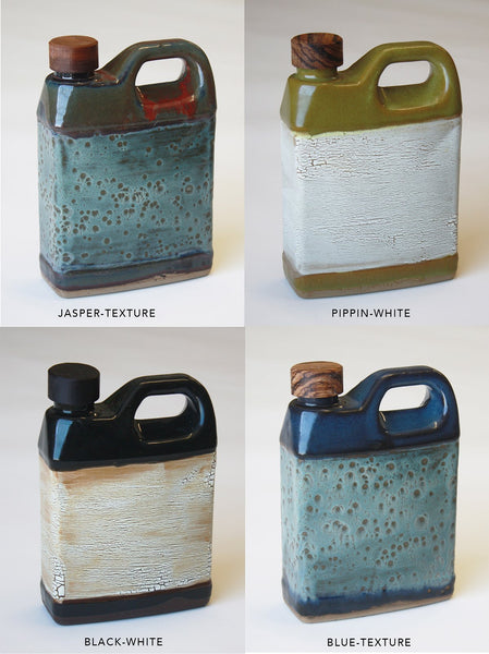 This ceramic storage jug is great for your favorite oils or other liquids. Holds up to 20 oz. Wood and cork stopper is made from recycled materials. It comes in 4 glazed color combinations.