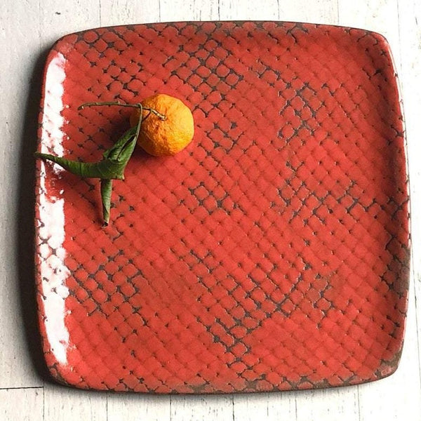Swampgirl Pottery Large Square Serving Tray Red Orange