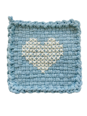 Heart Pale Blue Cross Stitch Potholder