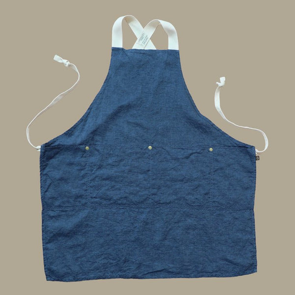 The Rowan Apron Indigo with Brown Blue Flannel Flounce