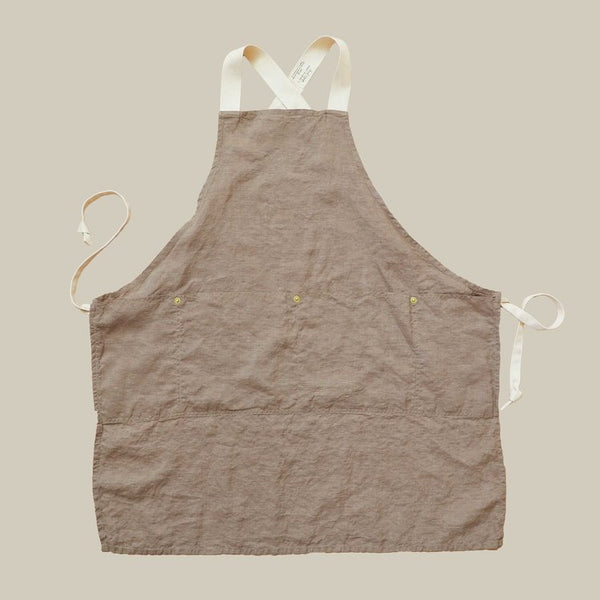 The Rowan Apron Khaki with Brown Blue Flannel Flounce