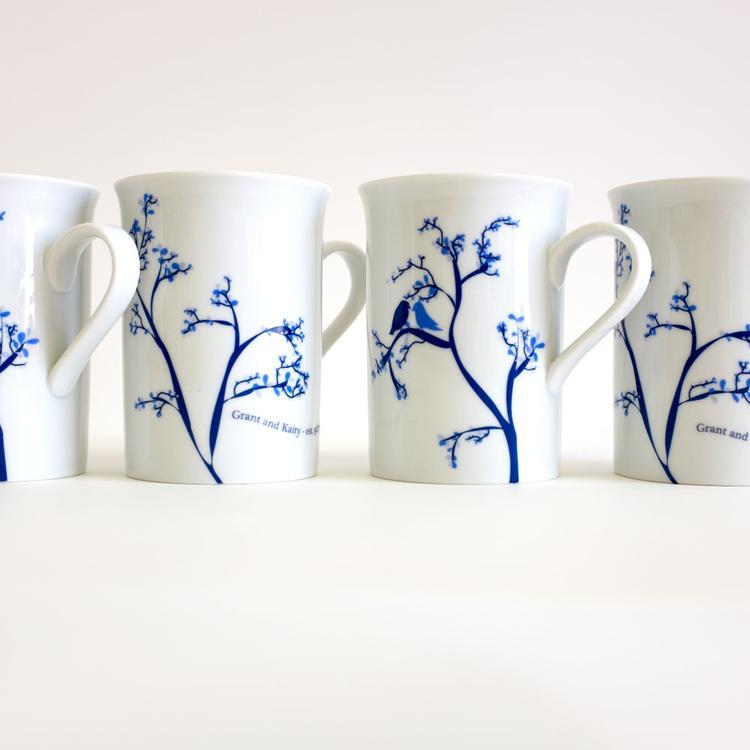 Love Birds Personalized Mugs, Set of 4