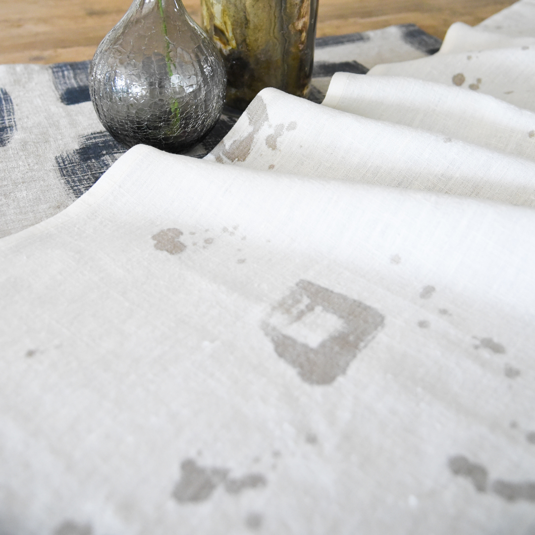 Drips White Linen Table Runner in Khaki