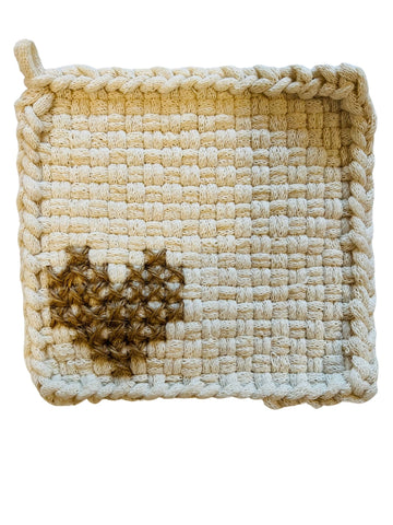 Heart Winter White + Twine Cross Stitch Potholder