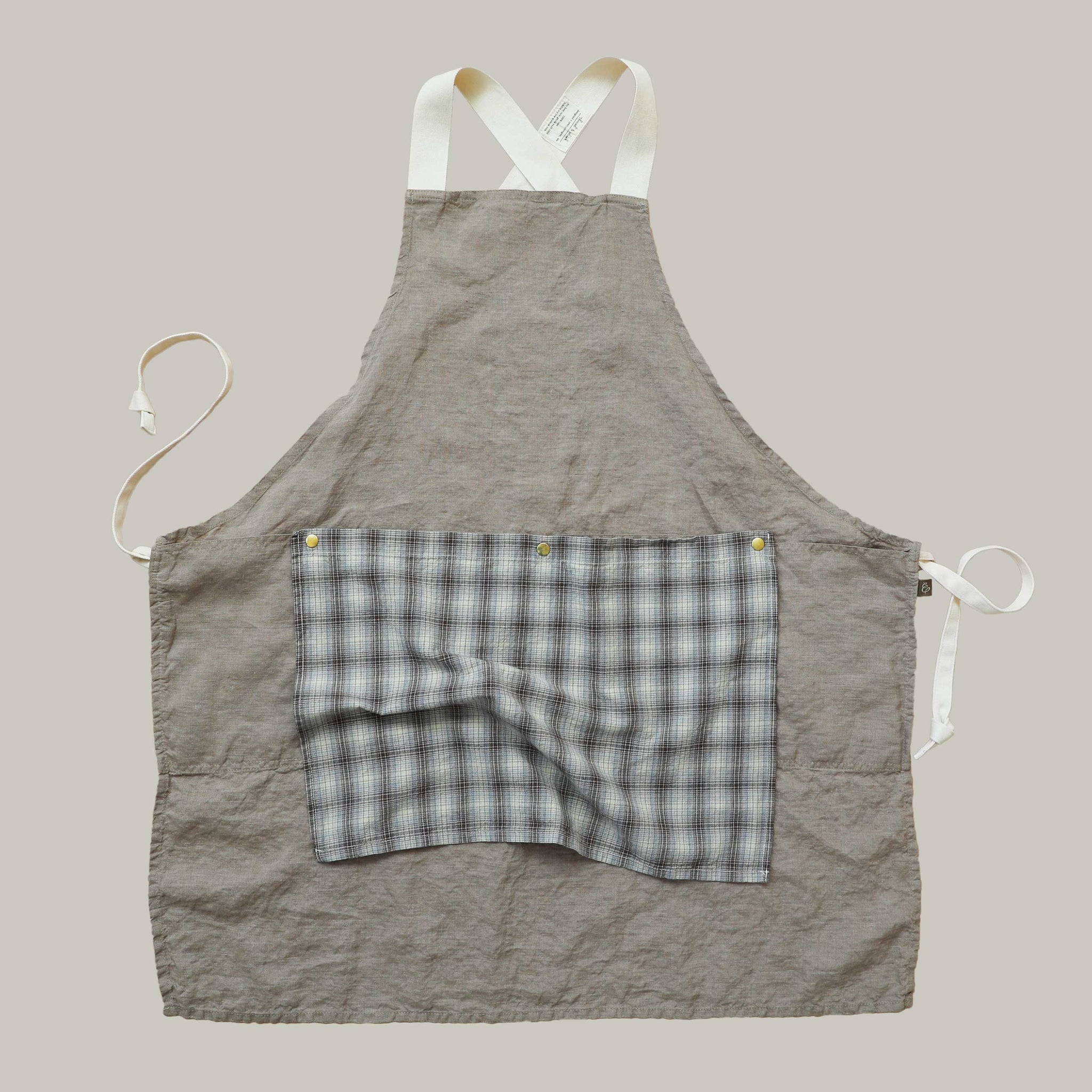 The Rowan Apron Khaki with Brown Blue Flannel Flounce