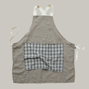 The Rowan Apron Khaki with Brown Blue Flannel Flounce