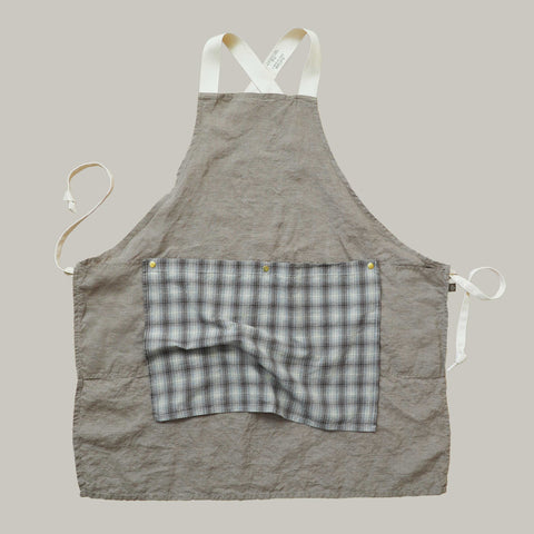 The Rowan Apron Khaki with Brown Blue Flannel Flounce