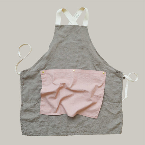 The Rowan Apron Khaki with Pale Rose Flounce